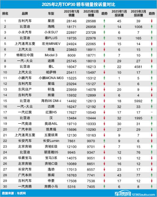 2025年2月TOP30轿车销量投诉量对应点评